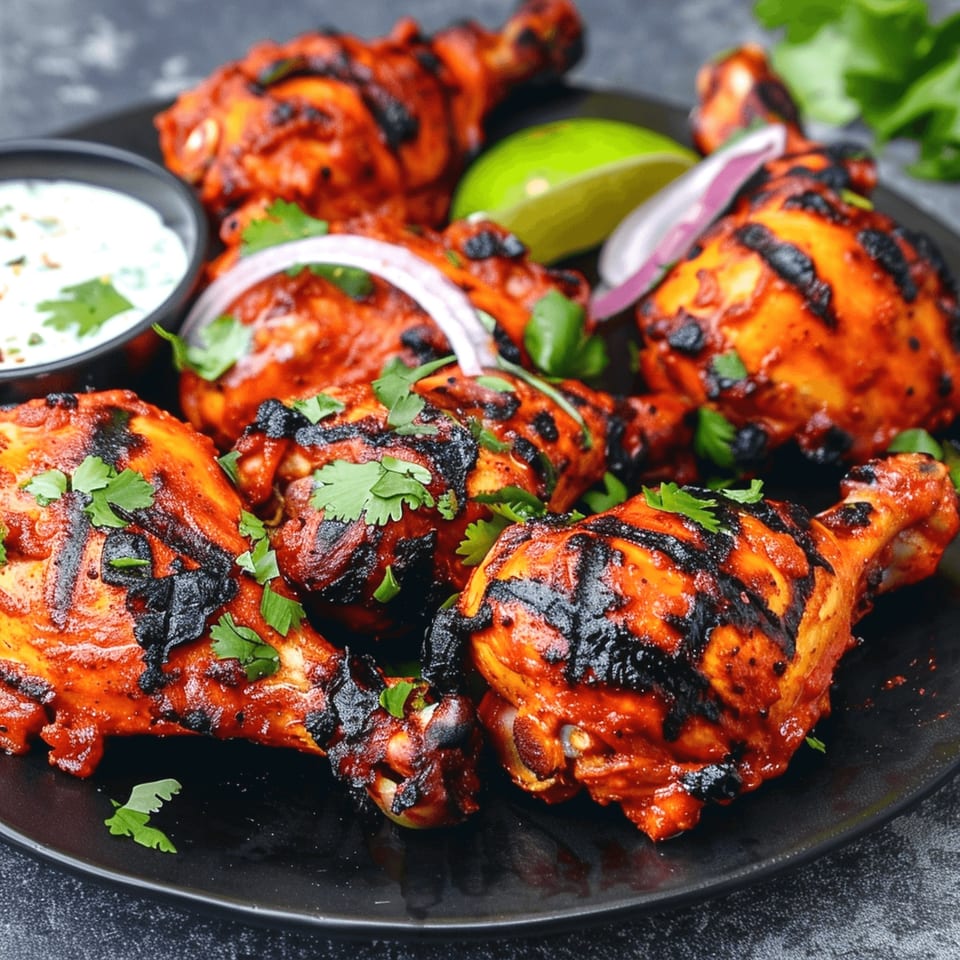 CURRYZONE's Indian tandoori chicken drumsticks with cilantro, lime, red onion, and raita.