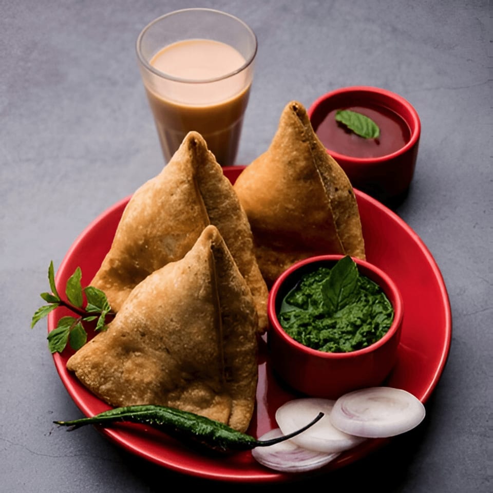 Three golden-brown samosas on a red plate with green chutney, red sauce, onions, chili, and chai.